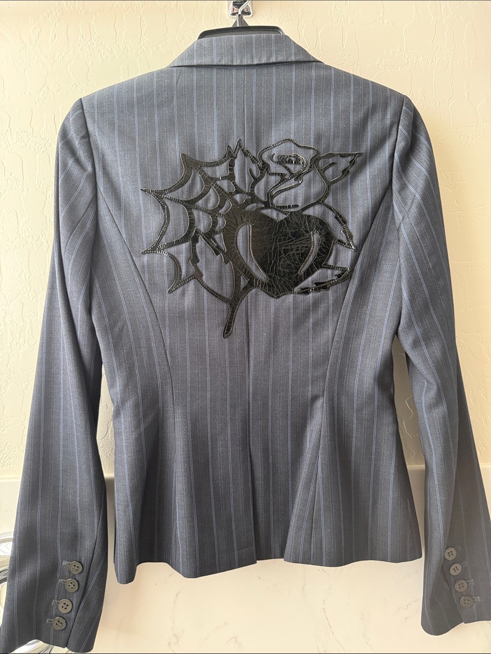 Women’s Gray Pinstripe Blazer with Embroidered Back Detail pattern leather